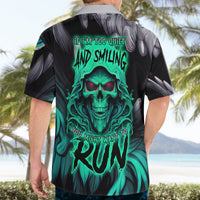 Black Hawaiian shirt with neon green skull graphic and front-to-back text, button collar