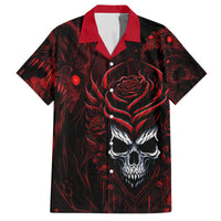 Black and red button-up Hawaiian shirt with red collar, skull-and-rose front graphic