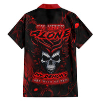 Black and red button-up Hawaiian shirt with back skull and red graphic text