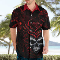Black and red button-up Hawaiian shirt with red collar and large skull-and-rose print
