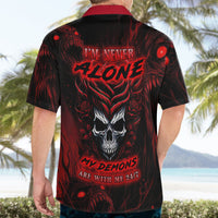 Black and red button-up Hawaiian shirt with back skull graphic and red lettering