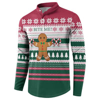 Christmas Cookies Bite Me Button Sweatshirt with Gingerbread Man Candy Canes and Snowflake Tree - Wonder Print Shop