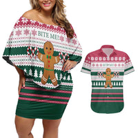Christmas Cookies Bite Me Couples Matching Off Shoulder Short Dress and Hawaiian Shirt with Gingerbread Man Candy Canes and Snowflake Tree - Wonder Print Shop