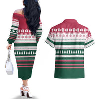 Christmas Cookies Bite Me Couples Matching Off The Shoulder Long Sleeve Dress and Hawaiian Shirt with Gingerbread Man Candy Canes and Snowflake Tree - Wonder Print Shop