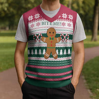 Christmas Cookies Bite Me Christmas Knitted V-Neck Vest with Gingerbread Man Candy Canes and Snowflake Tree - Wonder Print Shop