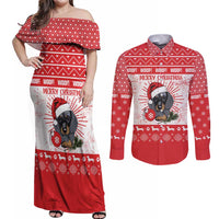 Christmas Dachshund Dog Couples Matching Off Shoulder Maxi Dress and Long Sleeve Button Shirt Santa Hat Woof Snowflake Paw Design - Wonder Print Shop