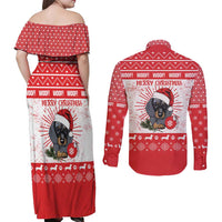 Christmas Dachshund Dog Couples Matching Off Shoulder Maxi Dress and Long Sleeve Button Shirt Santa Hat Woof Snowflake Paw Design - Wonder Print Shop