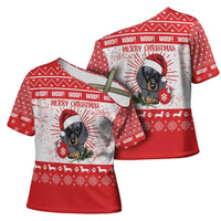 Christmas Dachshund Dog Cross Shoulder Shirt Santa Hat Woof Snowflake Paw Design - Wonder Print Shop