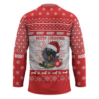 Christmas Dachshund Dog Hockey Jersey Santa Hat Woof Snowflake Paw Design - Wonder Print Shop