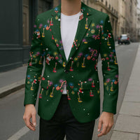Ornaments on Green Snowy Background Blazer with Electric Guitars Santa Candy Canes - Wonder Print Shop