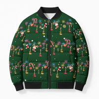 Ornaments on Green Snowy Background Bomber Puffer Jacket with Electric Guitars Santa Candy Canes - Wonder Print Shop