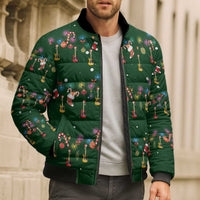 Ornaments on Green Snowy Background Bomber Puffer Jacket with Electric Guitars Santa Candy Canes - Wonder Print Shop
