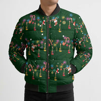 Ornaments on Green Snowy Background Bomber Puffer Jacket with Electric Guitars Santa Candy Canes - Wonder Print Shop