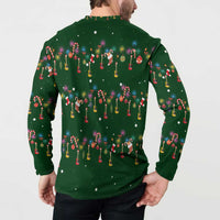 Ornaments on Green Snowy Background Button Sweatshirt with Electric Guitars Santa Candy Canes - Wonder Print Shop