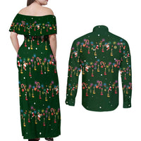 Ornaments on Green Snowy Background Couples Matching Off Shoulder Maxi Dress and Long Sleeve Button Shirt with Electric Guitars Santa Candy Canes - Wonder Print Shop