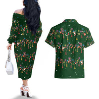 Ornaments on Green Snowy Background Couples Matching Off The Shoulder Long Sleeve Dress and Hawaiian Shirt with Electric Guitars Santa Candy Canes - Wonder Print Shop