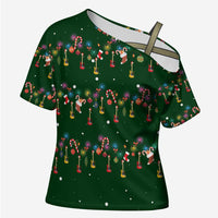 Ornaments on Green Snowy Background Cross Shoulder Shirt with Electric Guitars Santa Candy Canes - Wonder Print Shop