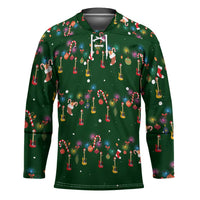 Ornaments on Green Snowy Background Hockey Jersey with Electric Guitars Santa Candy Canes - Wonder Print Shop
