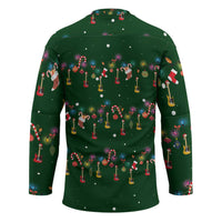 Ornaments on Green Snowy Background Hockey Jersey with Electric Guitars Santa Candy Canes - Wonder Print Shop