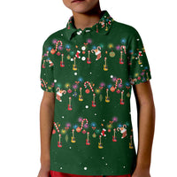 Ornaments on Green Snowy Background Kid Polo Shirt with Electric Guitars Santa Candy Canes - Wonder Print Shop