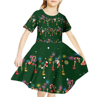 Ornaments on Green Snowy Background Kid Short Sleeve Dress with Electric Guitars Santa Candy Canes - Wonder Print Shop