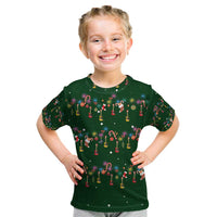 Ornaments on Green Snowy Background Kid T Shirt with Electric Guitars Santa Candy Canes - Wonder Print Shop