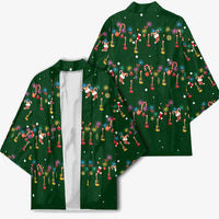 Ornaments on Green Snowy Background Kimono with Electric Guitars Santa Candy Canes - Wonder Print Shop