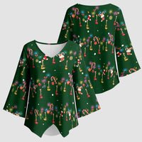 Ornaments on Green Snowy Background Kimono Sleeve Blouse with Electric Guitars Santa Candy Canes - Wonder Print Shop