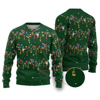 Ornaments on Green Snowy Background Ugly Christmas Sweater with Electric Guitars Santa Candy Canes - Wonder Print Shop