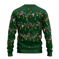 Ornaments on Green Snowy Background Ugly Christmas Sweater with Electric Guitars Santa Candy Canes - Wonder Print Shop