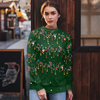 Ornaments on Green Snowy Background Ugly Christmas Sweater with Electric Guitars Santa Candy Canes - Wonder Print Shop