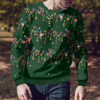 Ornaments on Green Snowy Background Ugly Christmas Sweater with Electric Guitars Santa Candy Canes - Wonder Print Shop