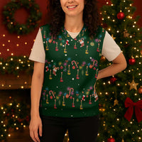 Ornaments on Green Snowy Background Christmas Knitted V-Neck Vest with Electric Guitars Santa Candy Canes - Wonder Print Shop