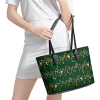 Ornaments on Green Snowy Background Leather Tote Bag with Electric Guitars Santa Candy Canes - Wonder Print Shop