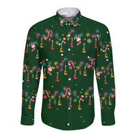 Ornaments on Green Snowy Background Long Sleeve Button Shirt with Electric Guitars Santa Candy Canes - Wonder Print Shop