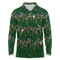 Ornaments on Green Snowy Background Long Sleeve Polo Shirt with Electric Guitars Santa Candy Canes - Wonder Print Shop