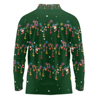 Ornaments on Green Snowy Background Long Sleeve Polo Shirt with Electric Guitars Santa Candy Canes - Wonder Print Shop