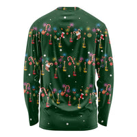 Ornaments on Green Snowy Background Long Sleeve Shirt with Electric Guitars Santa Candy Canes - Wonder Print Shop