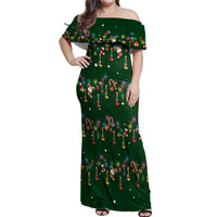 Ornaments on Green Snowy Background Off Shoulder Maxi Dress with Electric Guitars Santa Candy Canes - Wonder Print Shop