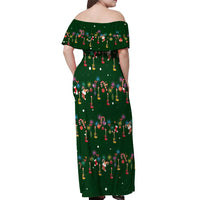 Ornaments on Green Snowy Background Off Shoulder Maxi Dress with Electric Guitars Santa Candy Canes - Wonder Print Shop