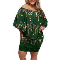 Ornaments on Green Snowy Background Off Shoulder Short Dress with Electric Guitars Santa Candy Canes - Wonder Print Shop