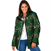 Ornaments on Green Snowy Background Padded Jacket with Electric Guitars Santa Candy Canes - Wonder Print Shop
