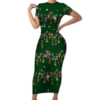 Ornaments on Green Snowy Background Short Sleeve Bodycon Dress with Electric Guitars Santa Candy Canes - Wonder Print Shop