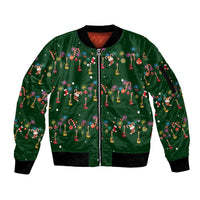 Ornaments on Green Snowy Background Sleeve Zip Bomber Jacket with Electric Guitars Santa Candy Canes - Wonder Print Shop