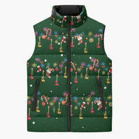 Ornaments on Green Snowy Background Sleeveless Puffer Jacket with Electric Guitars Santa Candy Canes - Wonder Print Shop