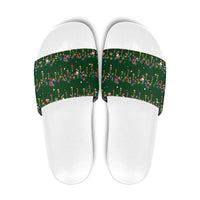 Ornaments on Green Snowy Background Slide Sandals with Electric Guitars Santa Candy Canes - Wonder Print Shop