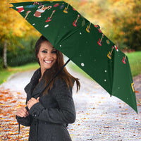 Ornaments on Green Snowy Background Umbrella with Electric Guitars Santa Candy Canes - Wonder Print Shop