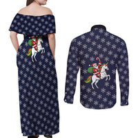 Horse And Santa Claus Christmas Christmas Couples Matching Off Shoulder Maxi Dress and Long Sleeve Button Shirt Xmas Holiday Patterns - Wonder Print Shop
