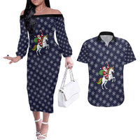Horse And Santa Claus Christmas Christmas Couples Matching Off The Shoulder Long Sleeve Dress and Hawaiian Shirt Xmas Holiday Patterns - Wonder Print Shop