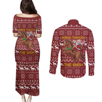 Horse Through The Snow Christmas Design Couples Matching Puletasi and Long Sleeve Button Shirt Xmas Holiday Patterns - Wonder Print Shop
